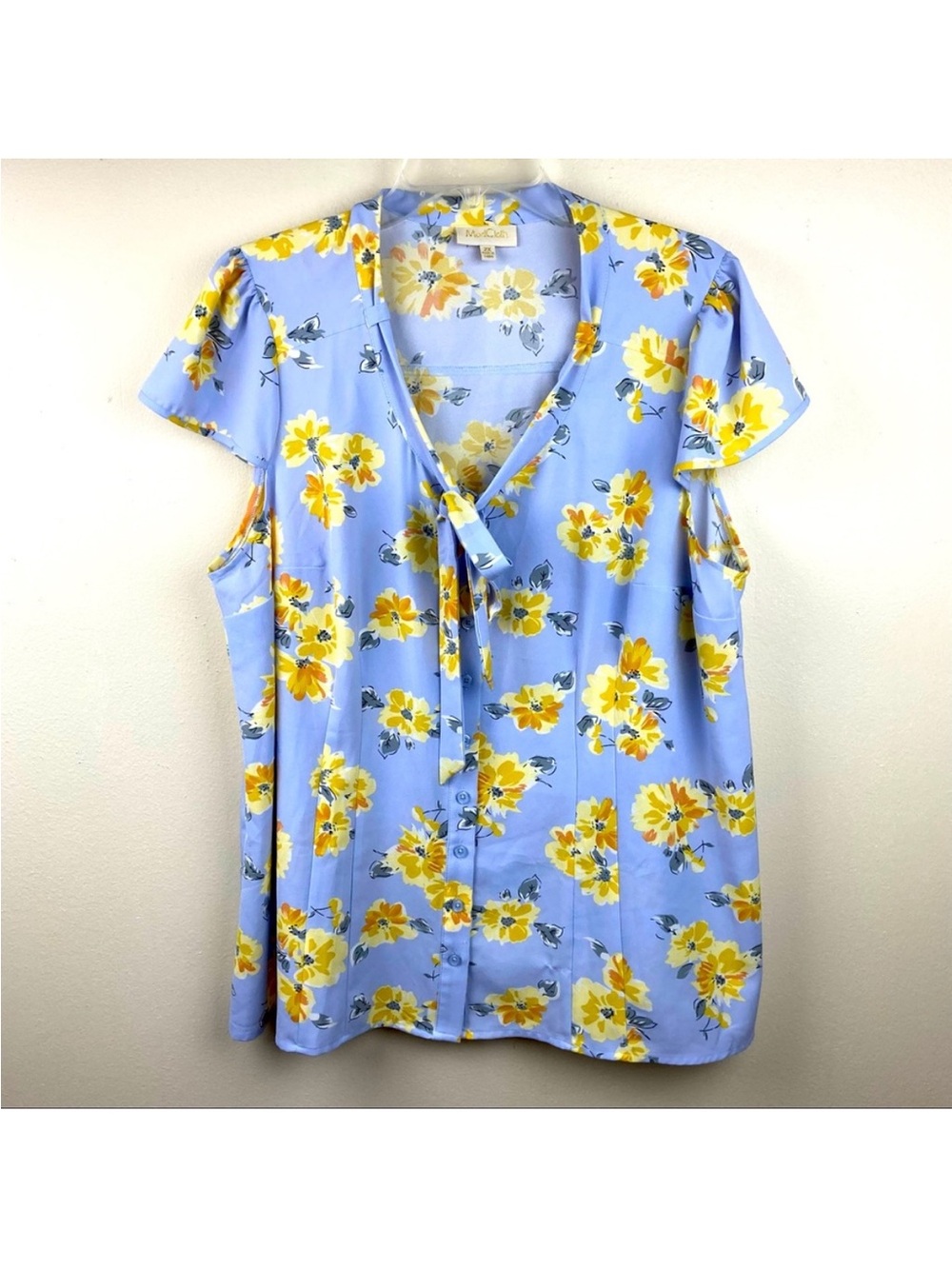 Modcloth Pale Blue Floral Tie-Neck Blouse